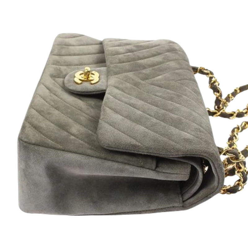 Medium Vintage Classic Flap Chevron Suede Grey GHW