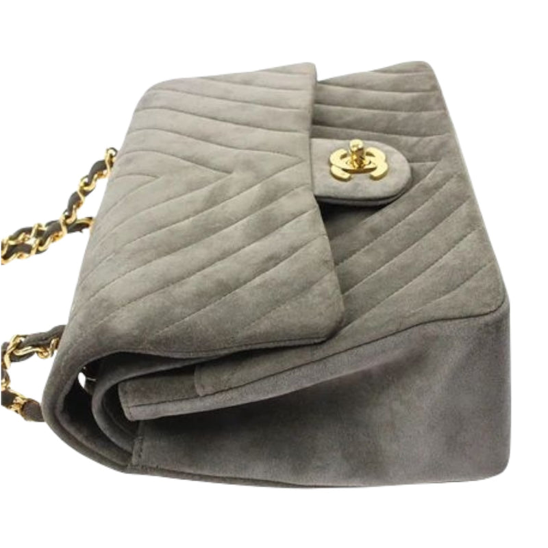 Medium Vintage Classic Flap Chevron Suede Grey GHW