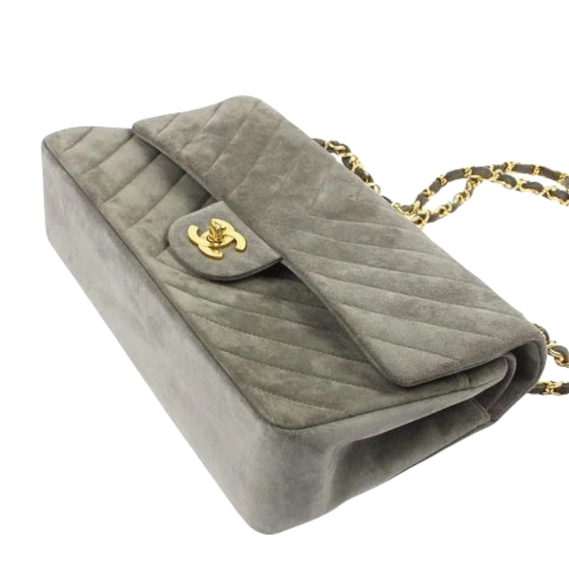 Medium Vintage Classic Flap Chevron Suede Grey GHW