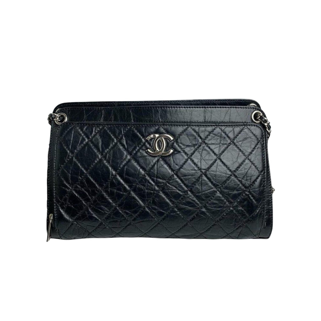 Shoulder Quilted Crinkled Calfskin Black SHW