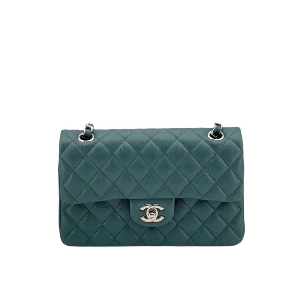 Medium Classic Double  Flap Caviar Green SHW