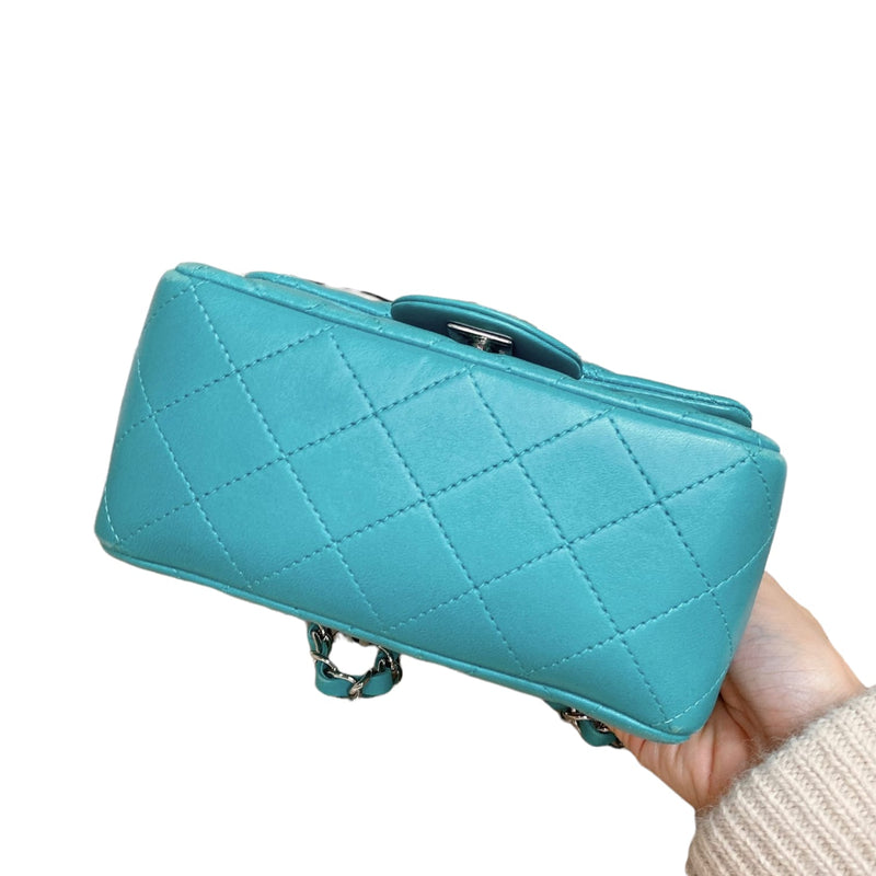 Mini Square Flap Lambskin Quilted Turquiose SHW