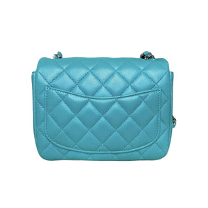 Mini Square Flap Lambskin Quilted Turquiose SHW