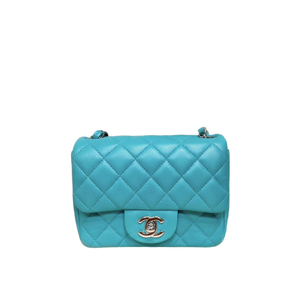 Mini Square Flap Lambskin Quilted Turquiose SHW