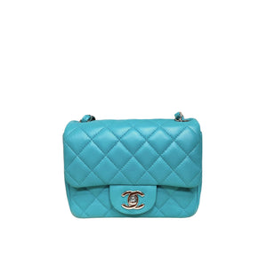 Mini Square Flap Lambskin Quilted Turquiose SHW