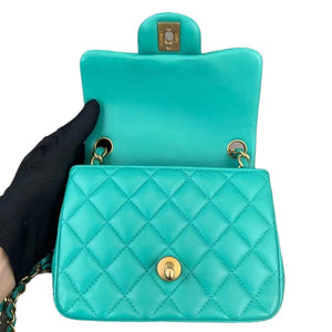 Mini Square Flap Quilted Lambskin Aqua Green GHW