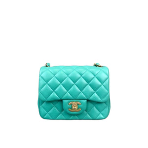 Mini Square Flap Quilted Lambskin Aqua Green GHW