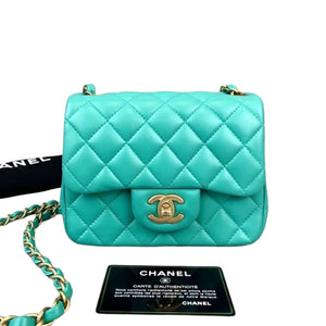 Mini Square Flap Quilted Lambskin Aqua Green GHW