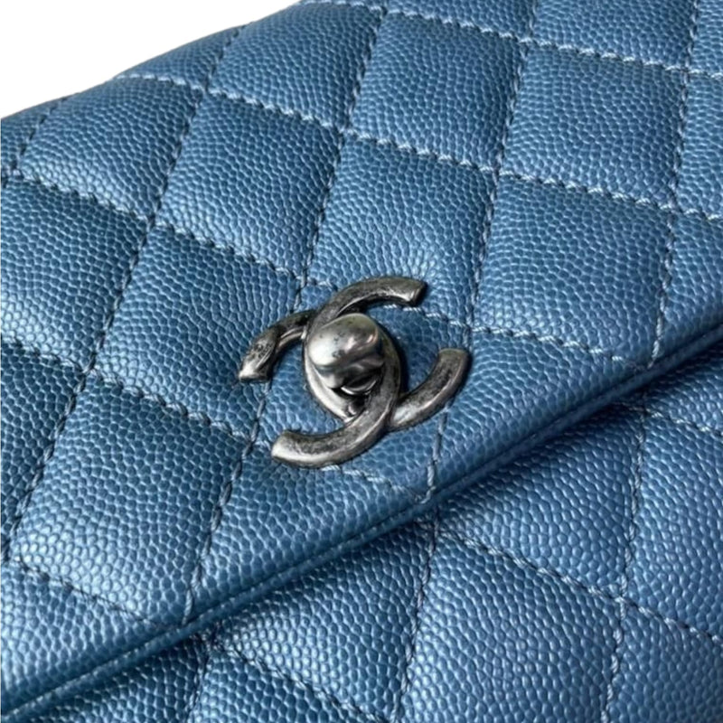 Small Coco Handle Flap Quilted Caviar Blue RHW