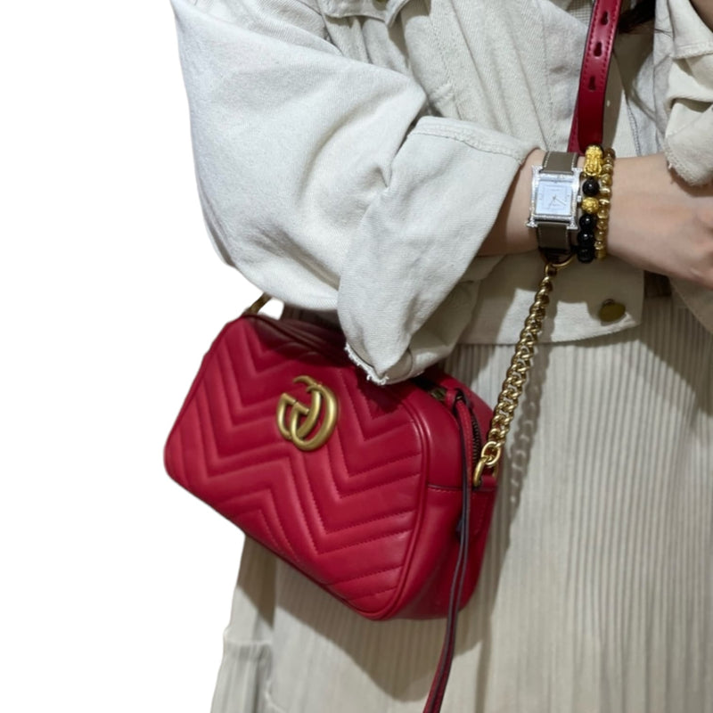 Gucci GG Marmont Shoulder Bag Matelasse Velvet Small Hibiscus Red