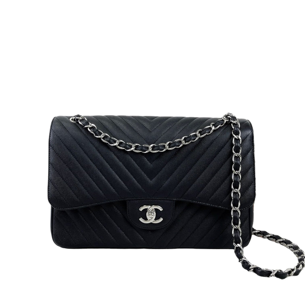 Jumbo Classic Flap Caviar Black Chevron SHW