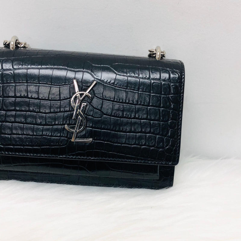 Saint Laurent Sunset Small Croc-effect Patent-leather Shoulder Bag - Black