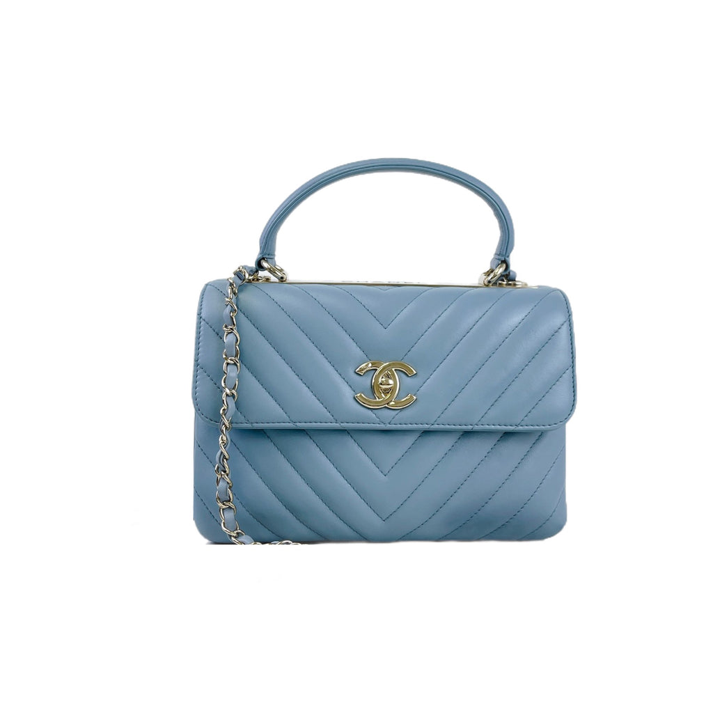 Small Trendy CC Chevron Lambskin Blue GHW