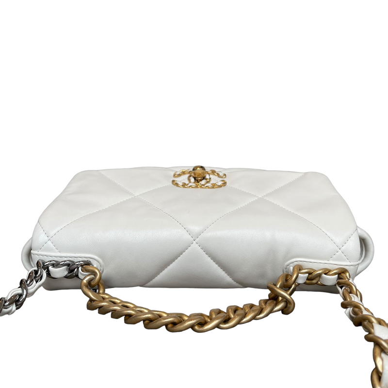 Excellent Used CHANEL 19 Small Flap Bag in Beige Goatskin Mix Hardware