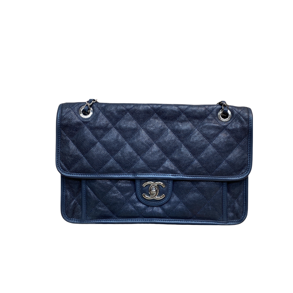 French Riviera Flap Caviar Navy Blue SHW