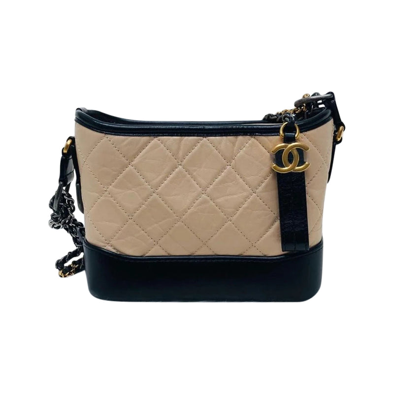 CHANEL Aged Calfskin Quilted Small Gabrielle Hobo Beige Black 1302635
