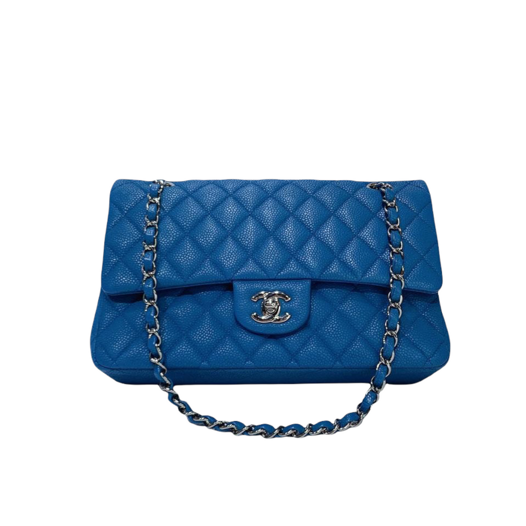 Classic Double Flap Matte Caviar Medium Blue SHW