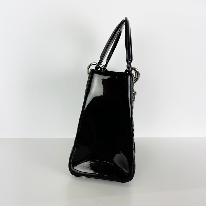 Authentic Christian Dior Black Patent Panarea Cannage Tote Bag