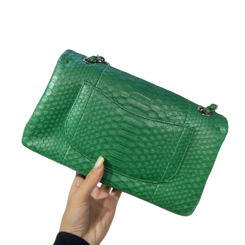 Chanel Jumbo Classic Fur and Python Leather Flap Bag Green