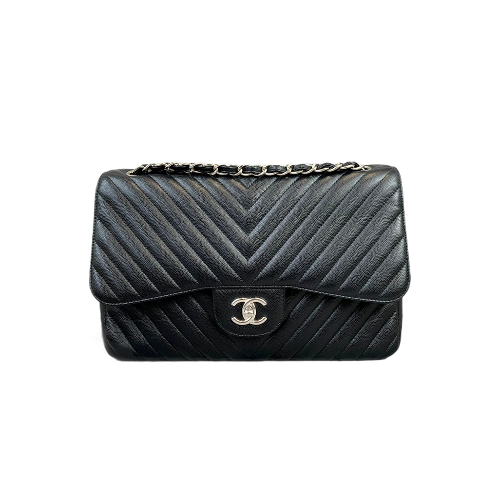 Classic Flap Jumbo Caviar Black Chevron SHW