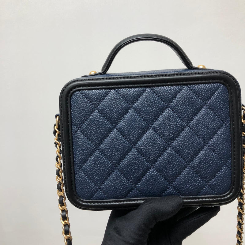 Small Caviar Quilted Filigree Vanity Case Blue/Black