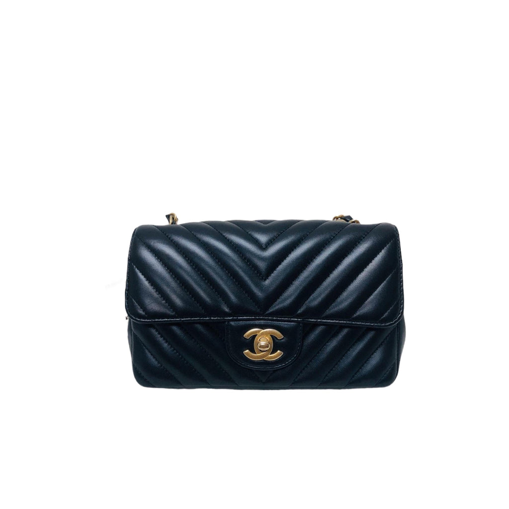 Mini Rectangular Chevron in Black Lambskin Leather with  GHW