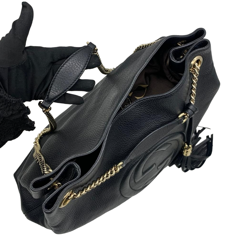 Wide studded 'Gucci' Web shoulder strap in Black Leather
