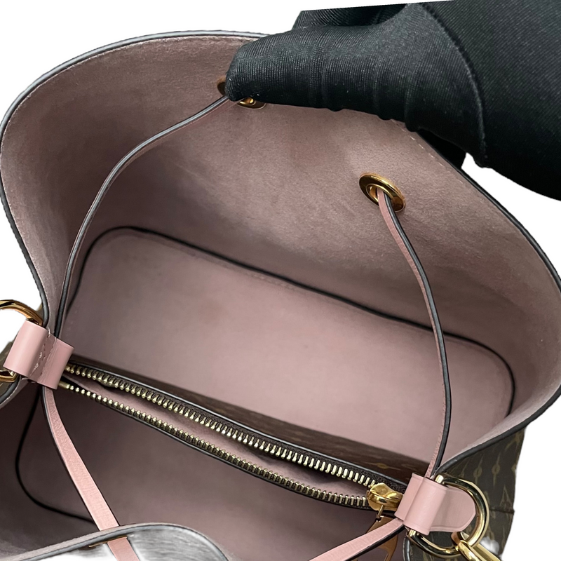 💯% Authentic LV Monogram And Pink Leather Neonoe MM Bucket Bag