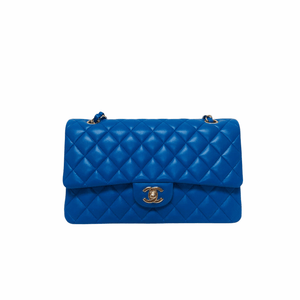 Medium Double Flap Lambskin Classic Bag with Light GHW in Electric Blue