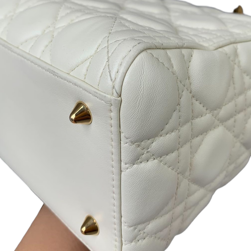 CHRISTIAN DIOR Lambskin Studded Cannage Medium Lady Dior White