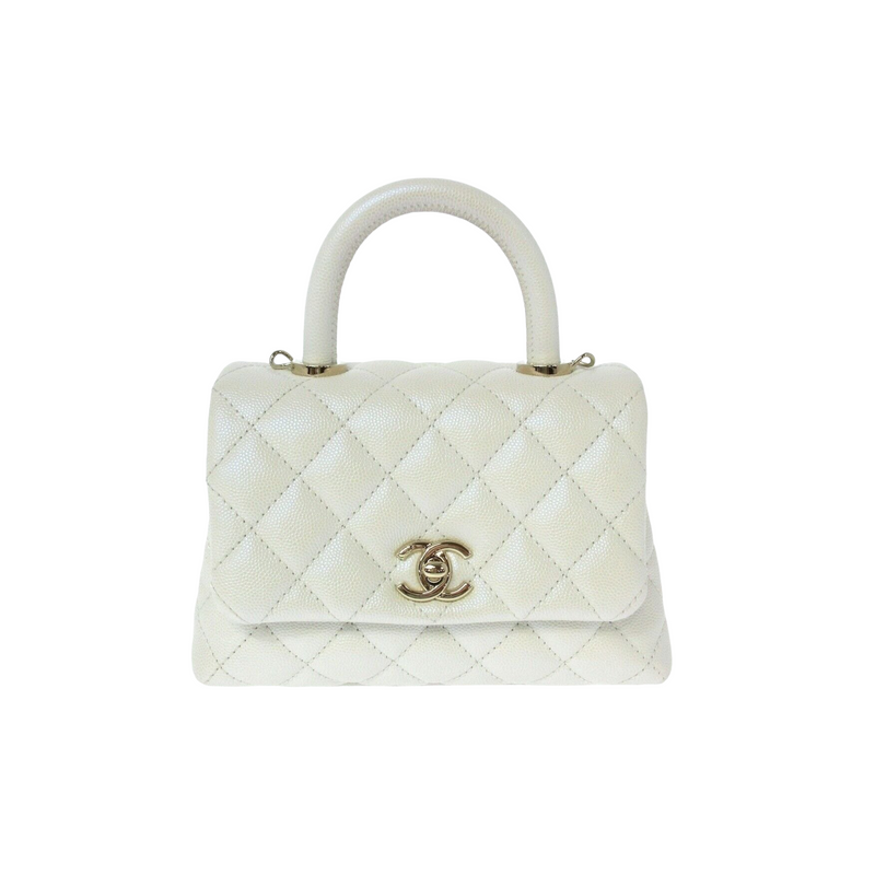 Chanel Coco Handle Extra Mini, Iridescent White Caviar with Gold Hardware,  New in Box