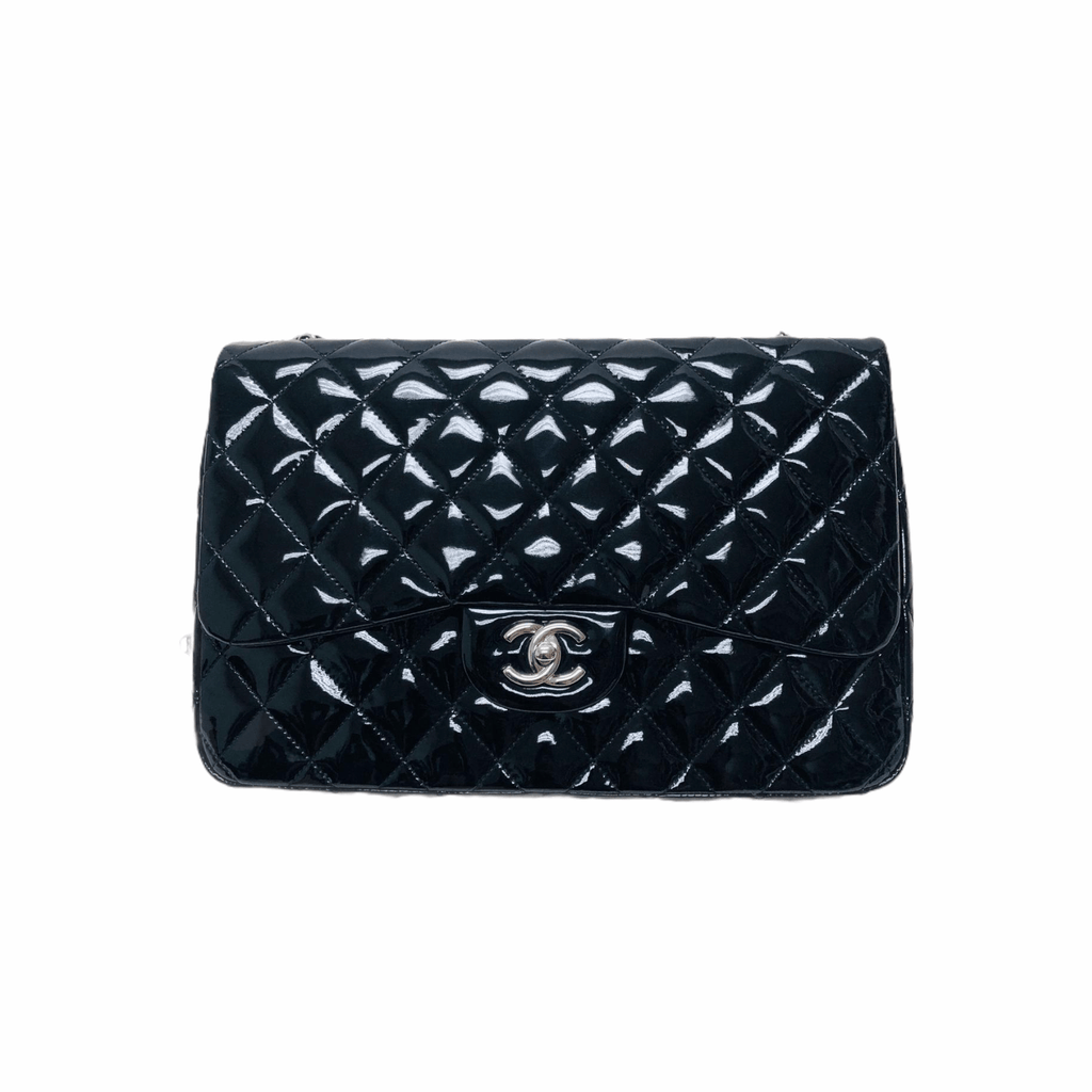 Single Flap Jumbo Quilted Patent Bag in Black with SHW