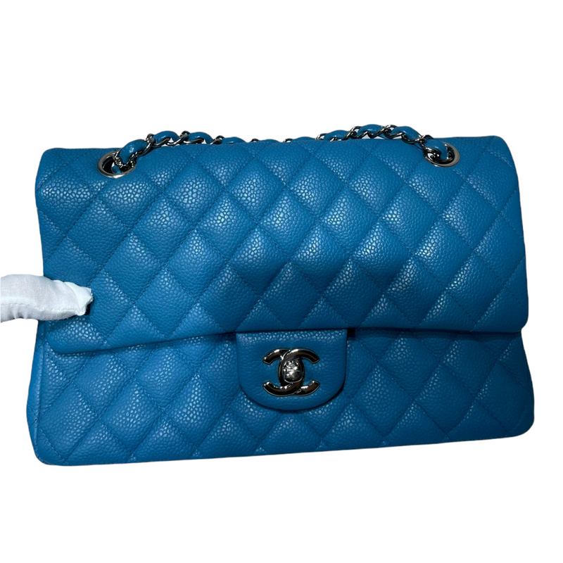 Classic Double Flap Matte Caviar Medium Blue SHW