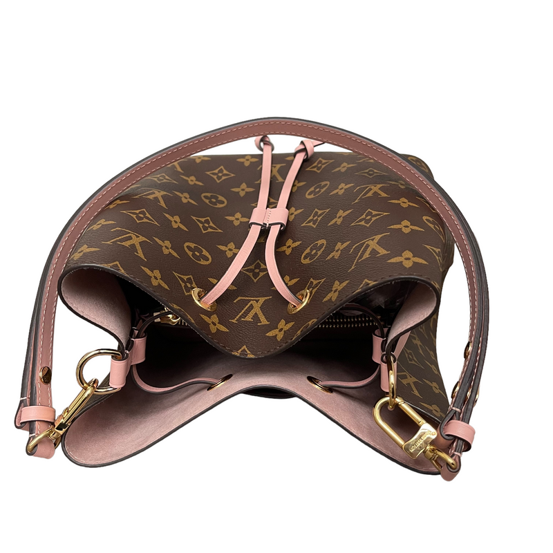 💯% Authentic LV Monogram And Pink Leather Neonoe MM Bucket Bag