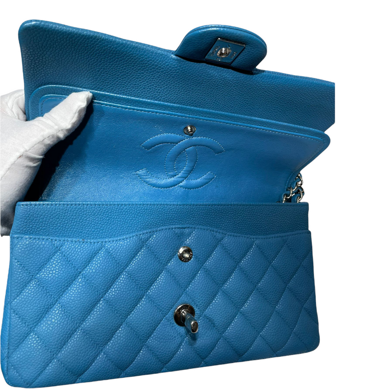 Classic Double Flap Matte Caviar Medium Blue SHW