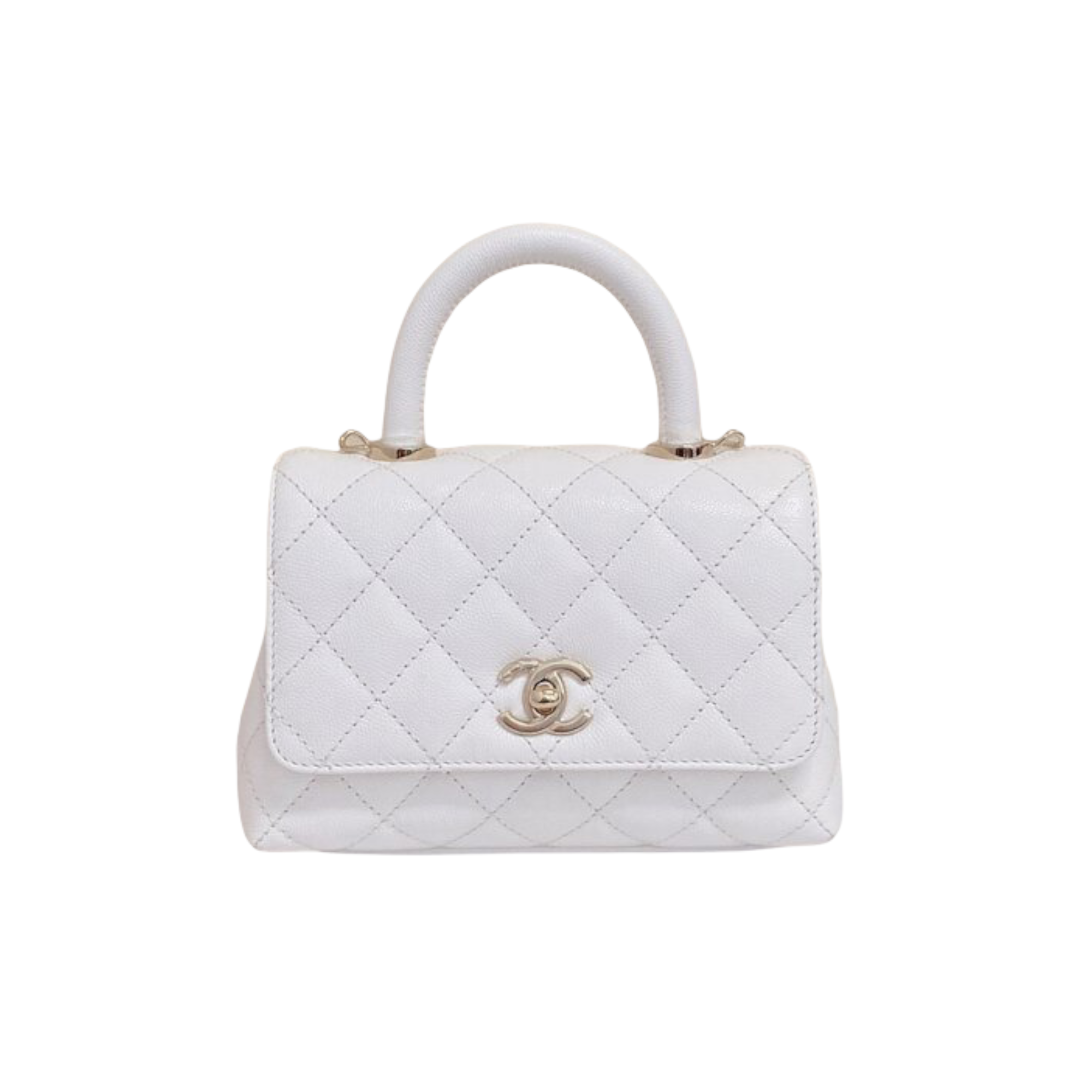 CHANEL Extra Mini Coco Handle Flap Bag in 20K Iridescent White Caviar