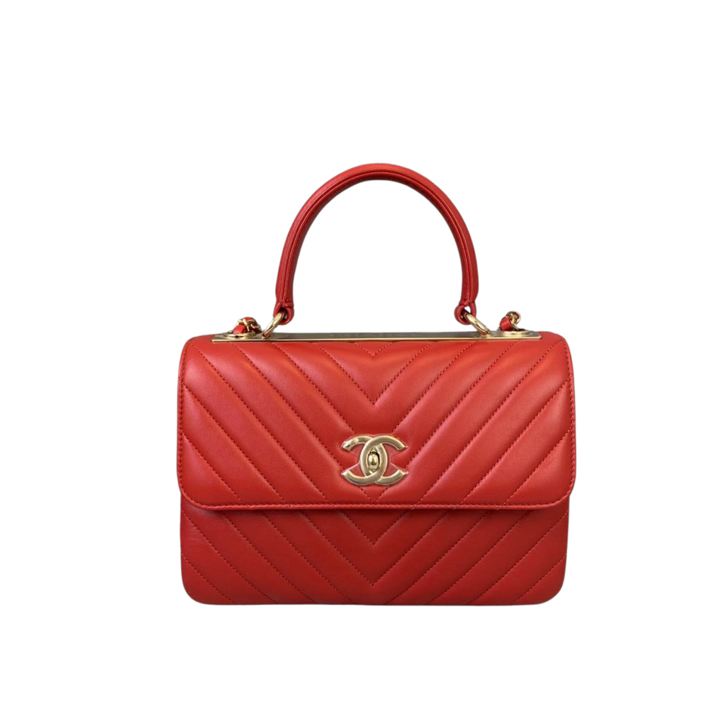 Small Trendy CC Chevron Lambskin Red GHW